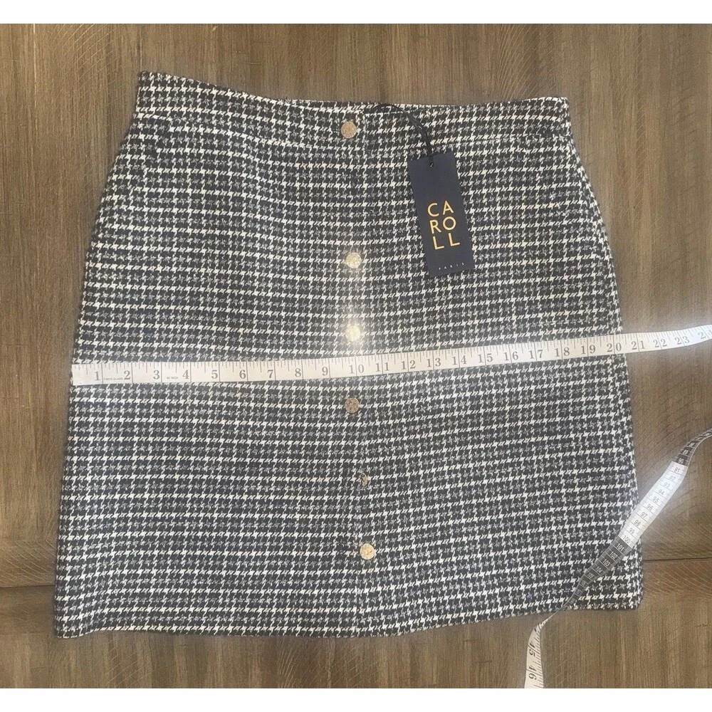 NWT Carroll Paris Blue Houndstooth Wool Tweed Gold Button Skirt Size 40 8/10 M/L
